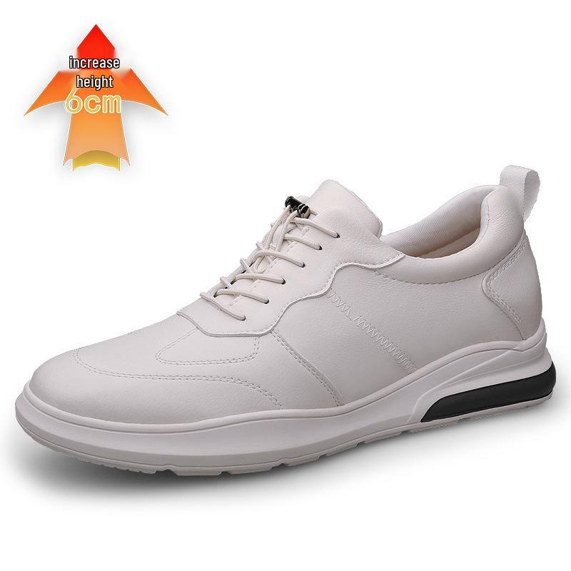 Men s Trendy White Breathable Cowhide Sneakers with Hidden Height Boost and Elastic Band 41