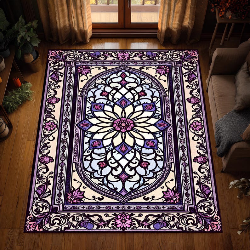 Stained Glass Style Rug with Purple and Pink Floral Motif for Vintage Style Romantic Living Room or Artistic Bedroom Decor