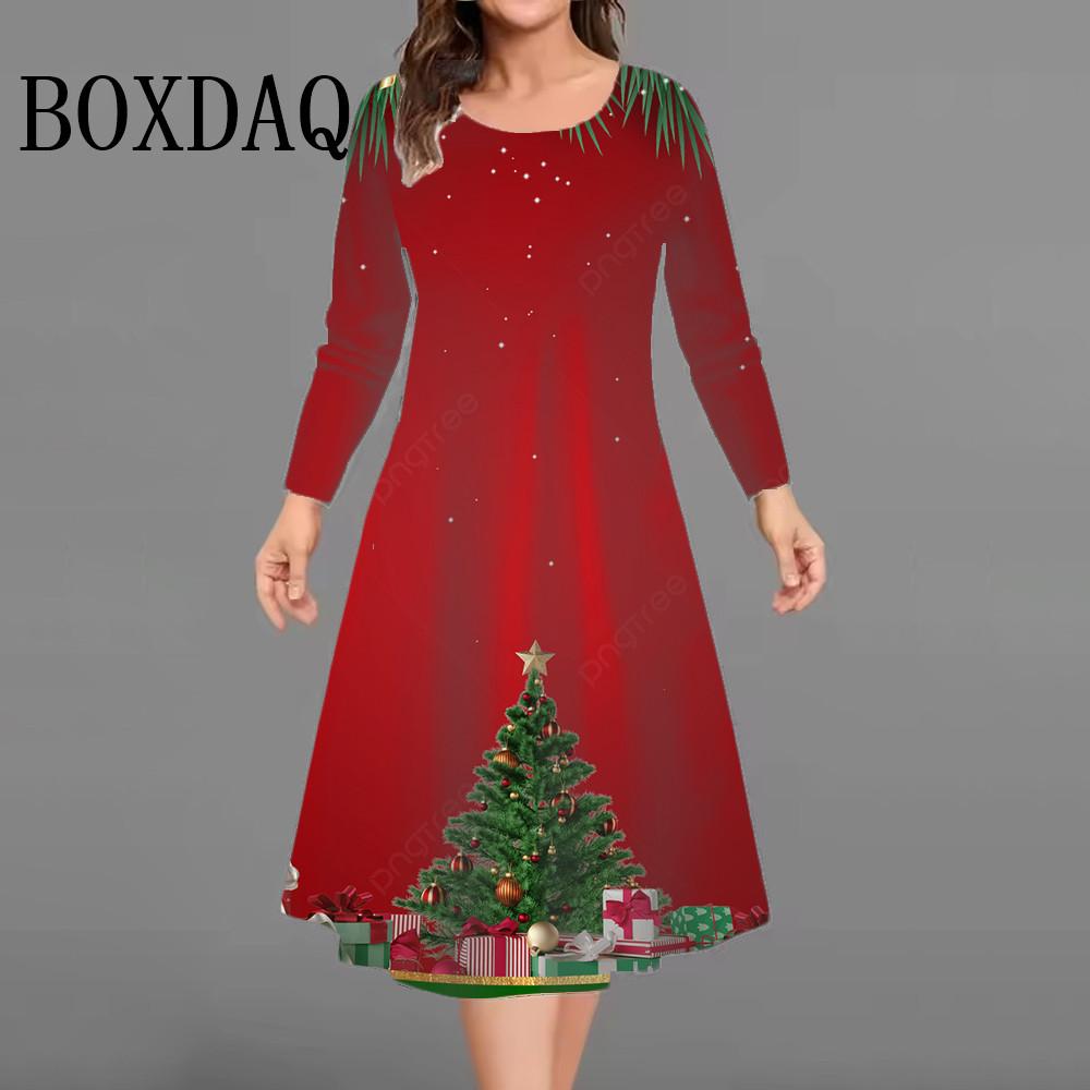 Women Dresses Fashion Christmas Snowflake Printed Party Dress Casual Long Sleeve Autumn Winter Plus Size Loose A-Line Dress