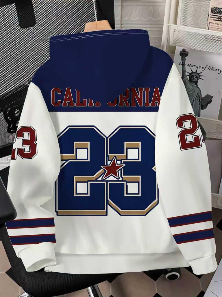 Męska bluza z kapturem Retro z nadrukiem 3D - California Sport Division, Niebiesko-biały Color Block Modny Design