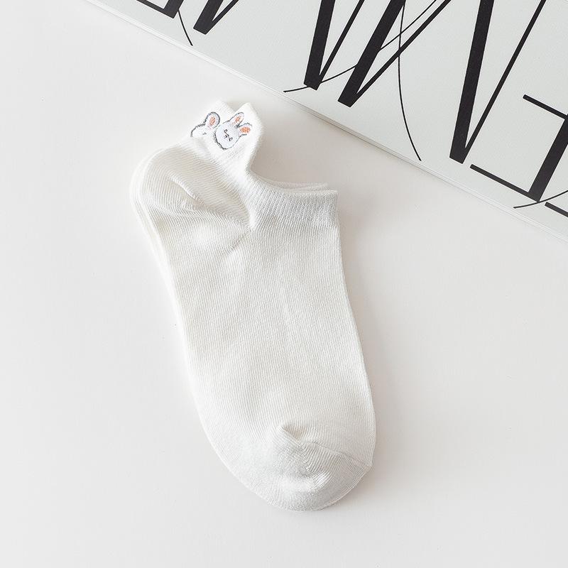 5 Pairs Cute White Socks Women Embroidered Short Ankle Socks Coffee Rabbit Bear Bowknot Love Heart Expression Cotton Boat Socks