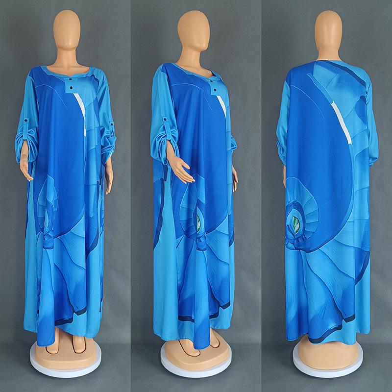 European and American Large Size Women's Satin Print Dress, Arabic Robe Style 8901