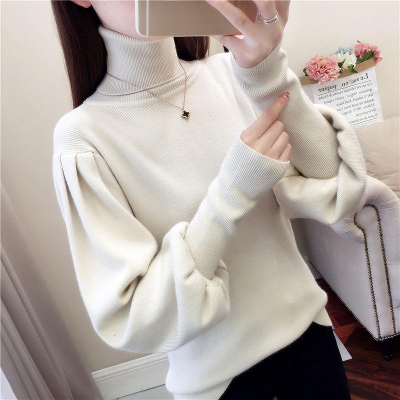 Pofulove Women's Turtleneck Pullover Sweater Autumn Winter Loose Plus Size Lantern Sleeves Knit Jumper