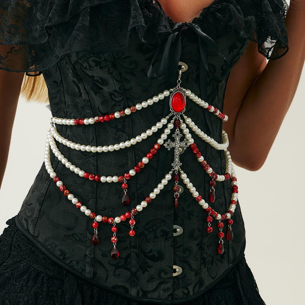 Halloween Blutbefleckte Imitationsperlen Körperkette, Gotische Blut-Tropfende Kreuz Fransen Taille Kette