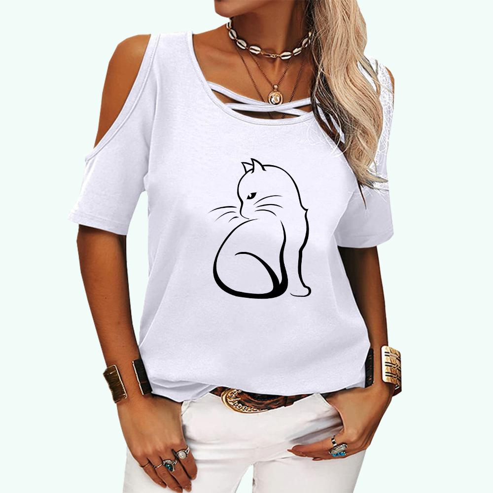 Damenmode Schulterfreies T-Shirt Frühling Sommer&Herbst Rundhals Katzenaufdruck Weibliches Lässiges Kurzarm-T-Shirt