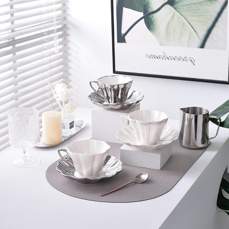 Silver Shell Ceramic Cup Coffee Mug Petals Pearl Glaze Set of Cups and Saucers Afternoon Tea Ceramic Mugs Tea Cup Set
