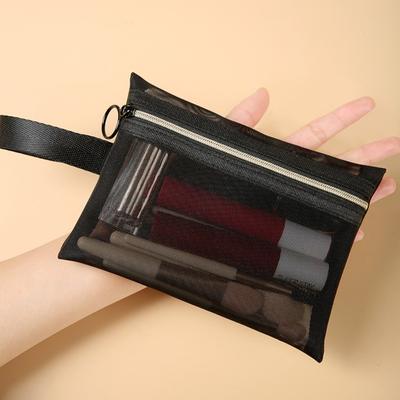 Durable Mesh Cosmetic Bag Translucent Zipper Lipstick Key Storage Pouch Portable Black Travel Toiletry Bag