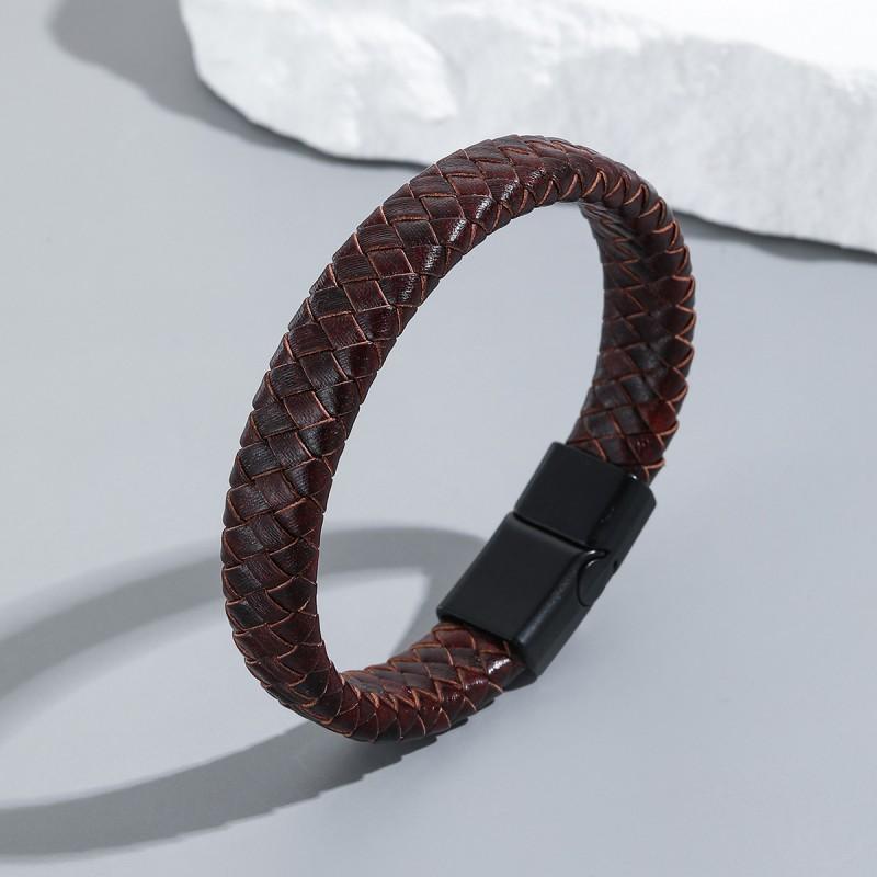 Mens Handmade Multi-Layer Leather Bracelet With Titanium Alloy Magnetic Clasp Geometric Design Casual Stylish Accessory
