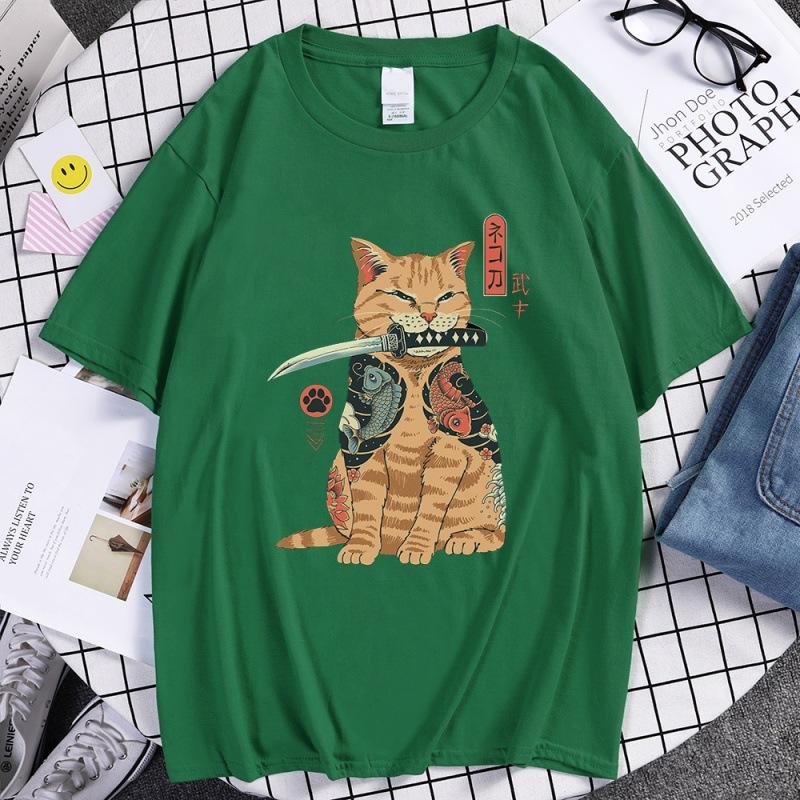 Summer Unisex 100 Cotton Shortsleeved Breathable Samurai Cat Personalized Print Tshirt For Casual And Loose Fit Hiphop Style