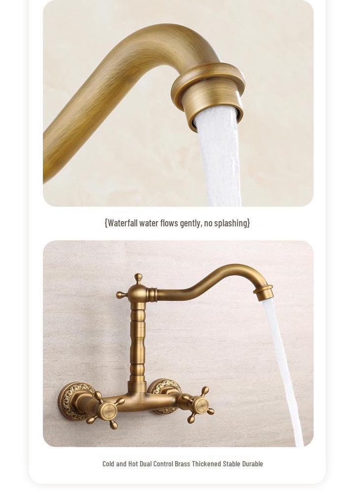 Retro French Copper Wall-Mounted Double Handle Faucet for Kitchen and Balcony.