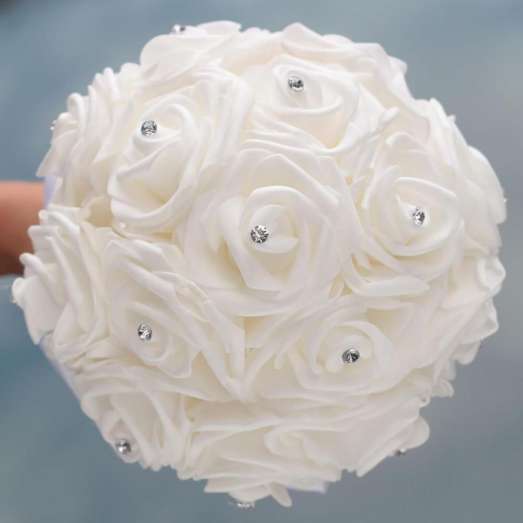 CUIWEI Wedding Bouquets for Bride & Bridesmaid - Hand Roses & Silk Roses Crystal Diamond Artificial Flowers for Wedding Parties, Churches (White)