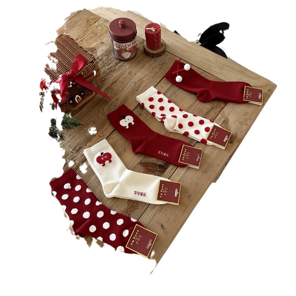 Songmu'Ping'An Joy Red Sox Polka Dot Medium Tube Socks New Year'S Red Sox Niche Design Socks