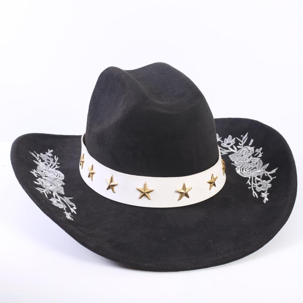 Popular European and American Classic Suede Western Cowboy Hat Men's and Women's Big Brim Embroidered Outdoor Sun Hat