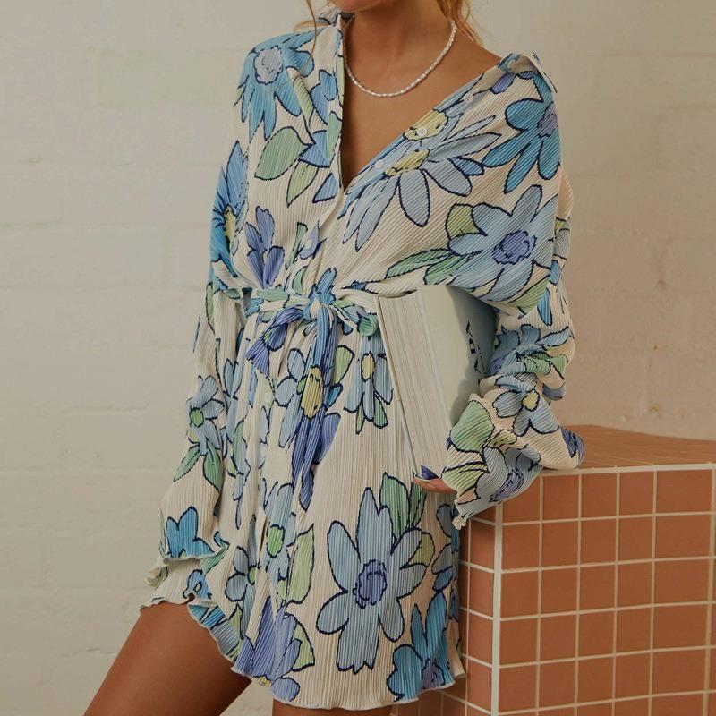 

Long Sleeve Short Dress Female New Arrival Elegance Shoelace Button Printed Long Sleeves Short Dress Blue pattern S