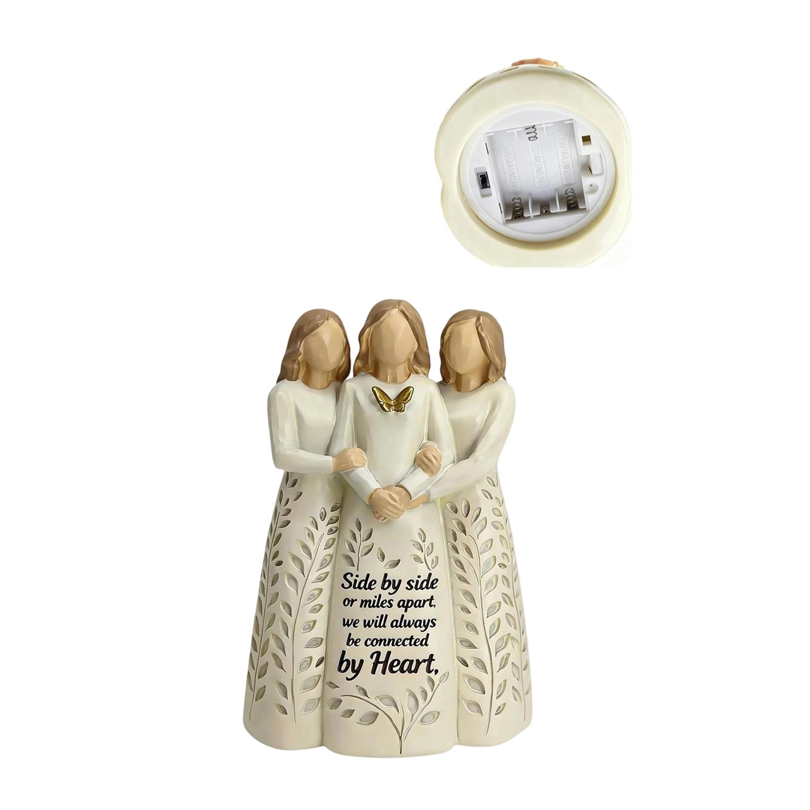 Three Sisters Resin Figurine with LED Light and Remote Control Decorative Sculpture for Home Display Side by Side Connected by Heart One Size