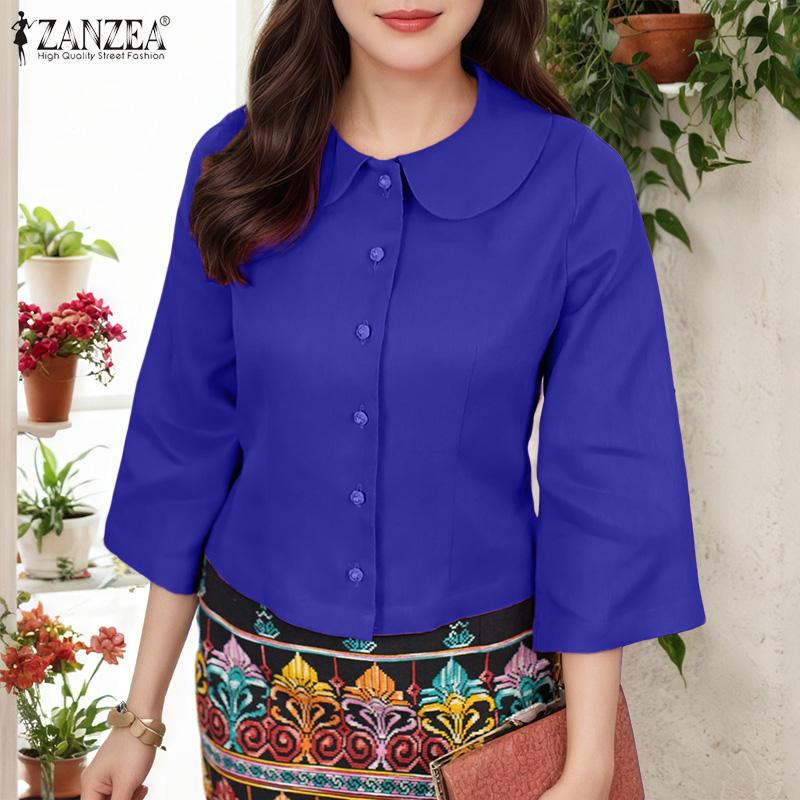 ZANZEA Women Doll Collar Loose Casual 3/4 Sleeve Blouse