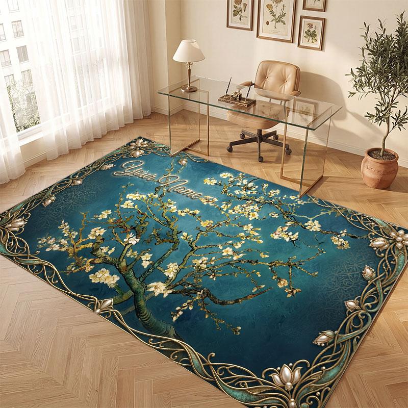 Floral Garden Theme Crystal Velvet Floor Rug Personalized Custom Name Text Warm Carpet Home Decoration