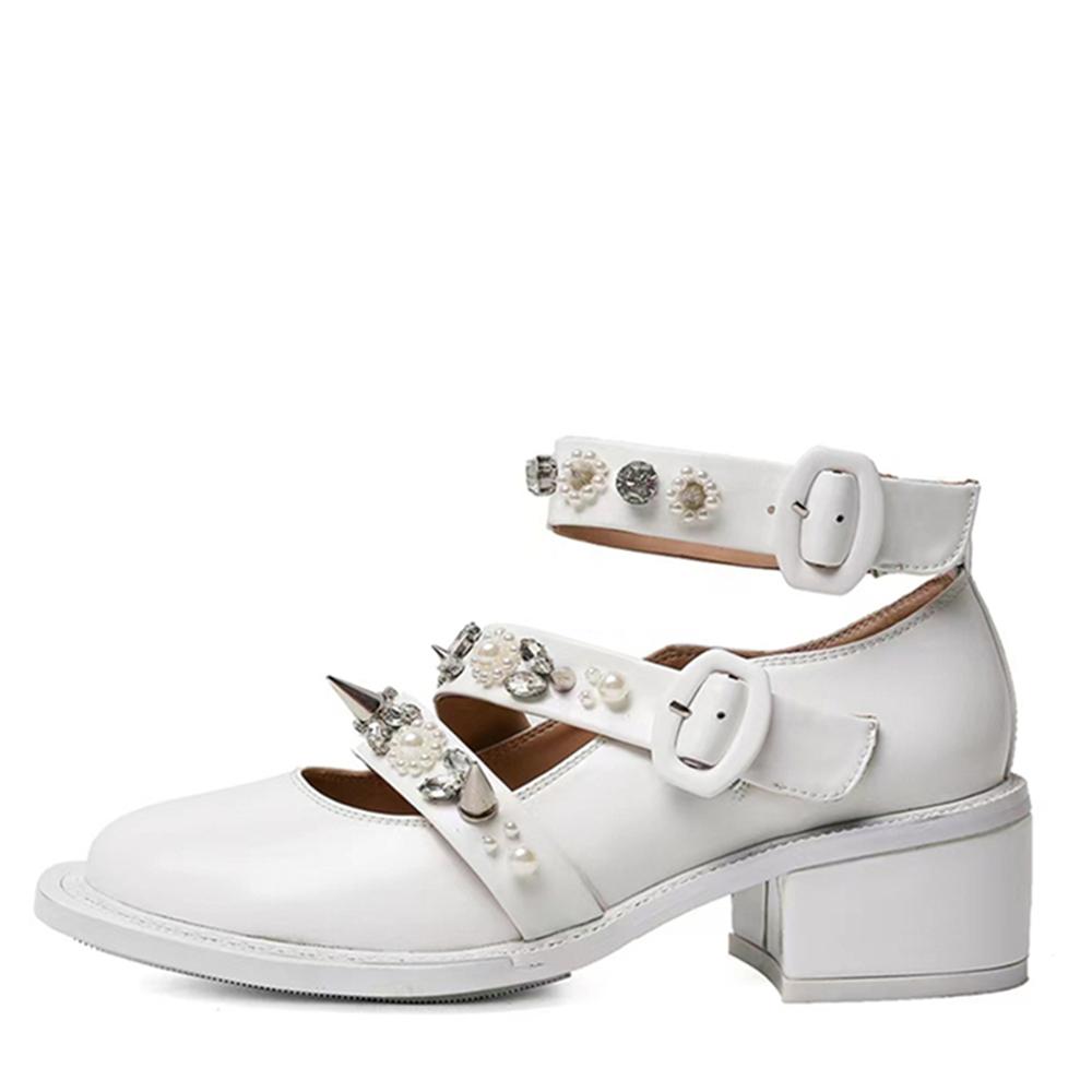 Fashion New Style Round Toe Riveted High Heels Women's Thick Heels Ankle Frenulum Microfiber/Satin Fashion Pearl  Ladies Large Size 43