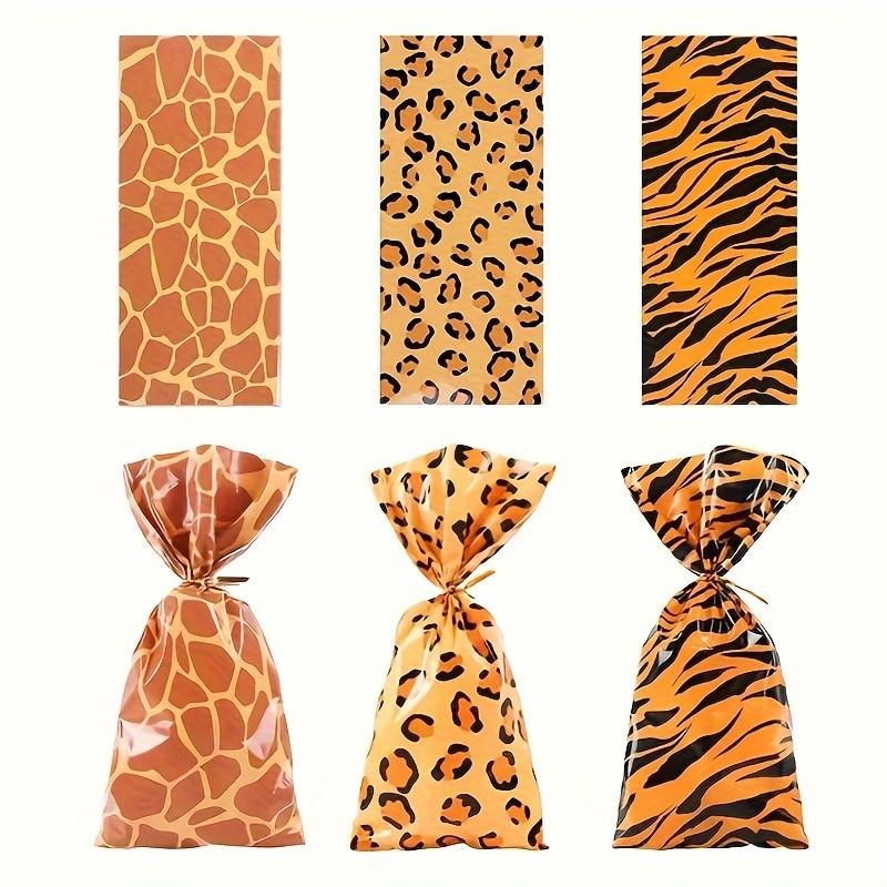 50 Pack Animal Print Gift Bags with Twist Ties - Giraffe, Leopard, Tiger Pattern Polypropylene Candy Bags for Party Favo