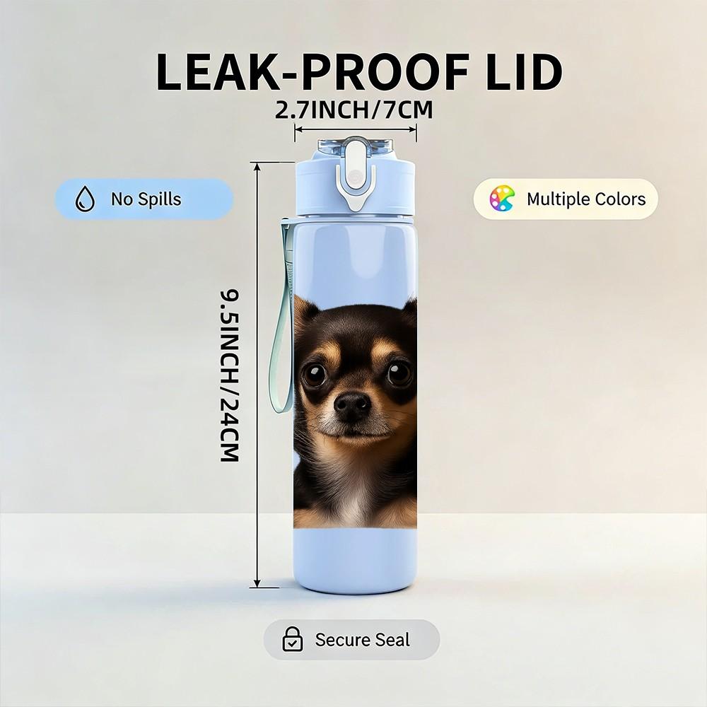 1PC Short Hair Chihuahua Dog 750ml Color Plastic Sports Water Bottle Leakproof Flip Straw Lid Suitable for Sports Office Home Use