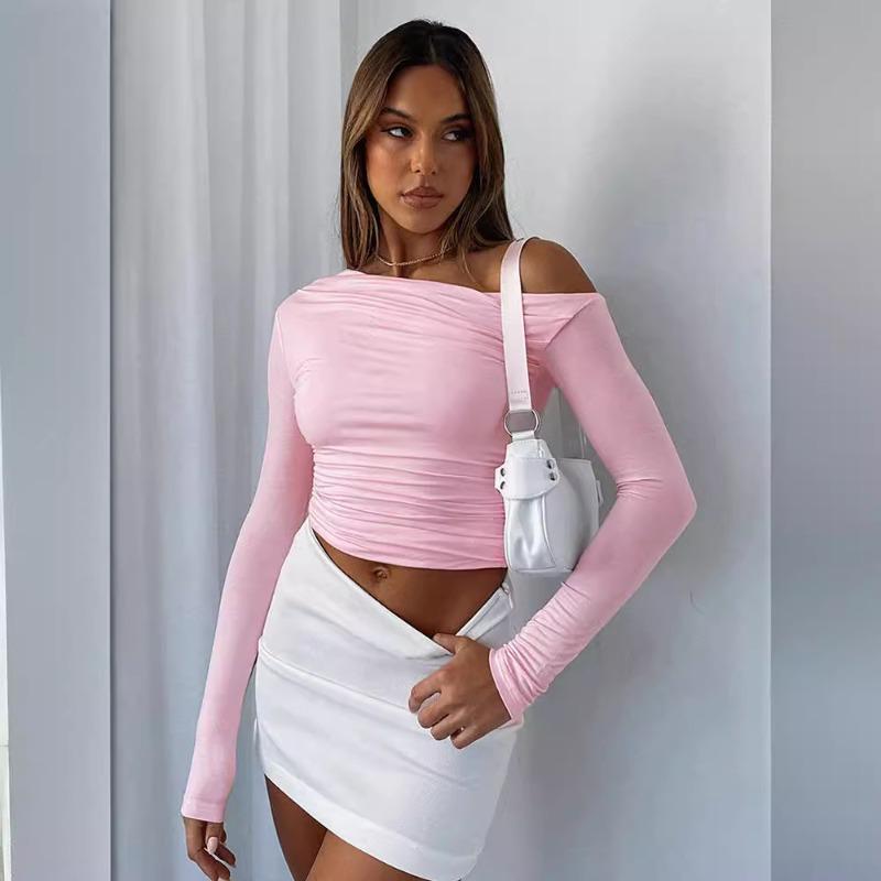 Women's Slanted Shoulder Asymmetrical Solid Color Crop Top Long Sleeved Sexy Slim Fit Elegant T-shirt