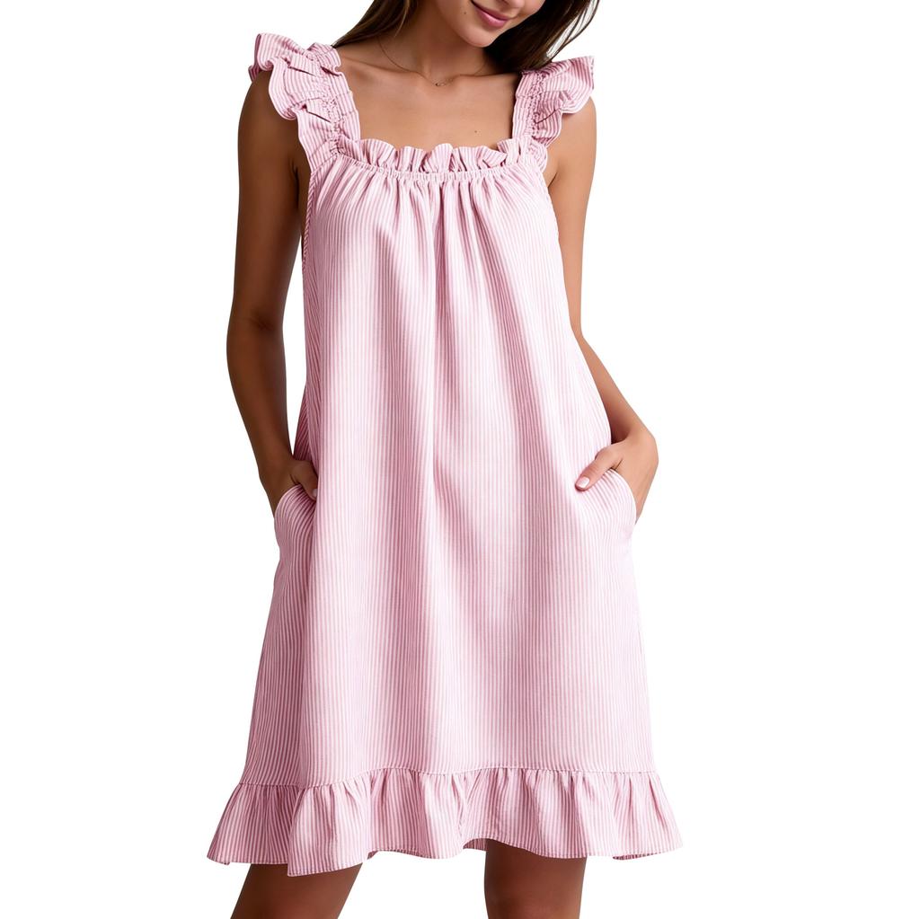 Women's Sleeveless Striped Nightgown with Ruffle Trim and Pockets, Loose Fit Casual Sleep Dress for