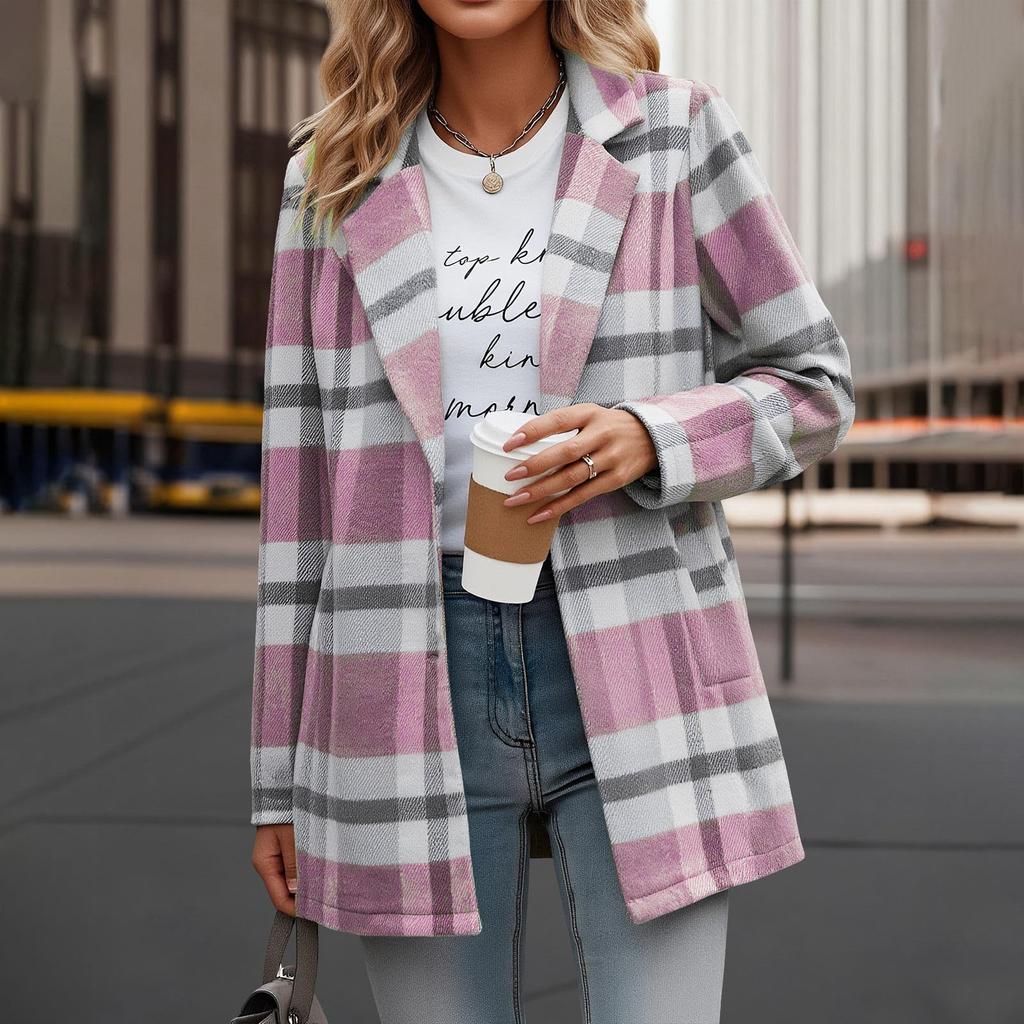 Women's Casual Fashion  Plaid Shirt Medium Woolen Coat