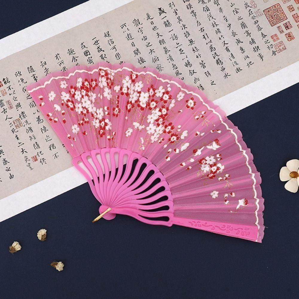 Elegent Chinese Style Plum Blossom Fan Plastic Dance Performance Props Antique Folding Fan Flower Pattern Cloth Dance Fan