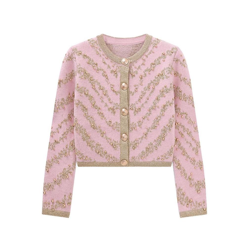 Autumn Winter Sweater Cardigans Women Single Breasted Luxury Beading Striped Casual Knitwear Traf Tops Mujer New In C-187
