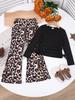 Girls Long Sleeve Top and Casual Pants Set Leopard Print Bottoms with Solid Color Round Neck Shirt Soft Fabric Comfortable Fit