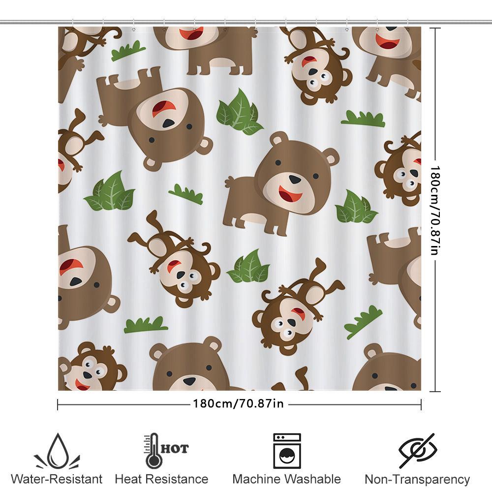 Adorable Monkey Bears Shower Curtain Waterproof Fabric Decorative Bathroom Window Covering For Kids Bath Room Green Leaf Print