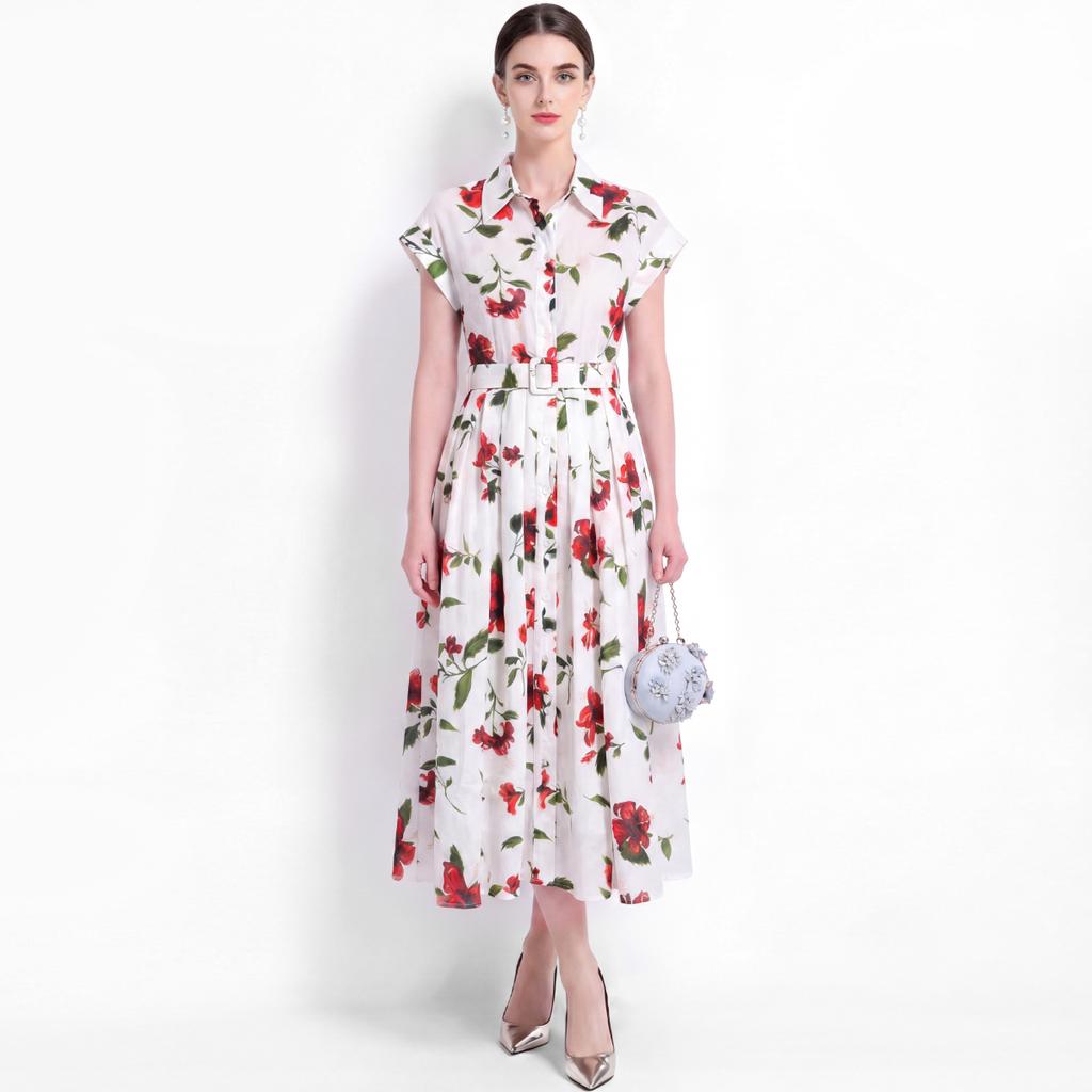 Elegant Floral Print Midi Shirt Dress for Women Summer Cap Sleeve Lapel Button Down Waist Belt A-Line Dress Holiday Outfits