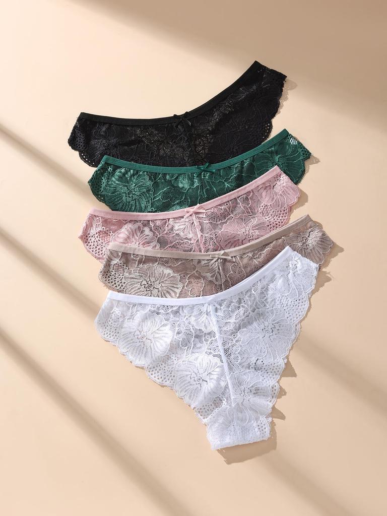 5PCS Women Floral Lace Panties Sexy Perspective Underwear Low Waist Solid Underpants Breathable Intimates Female Lingerie M-XL
