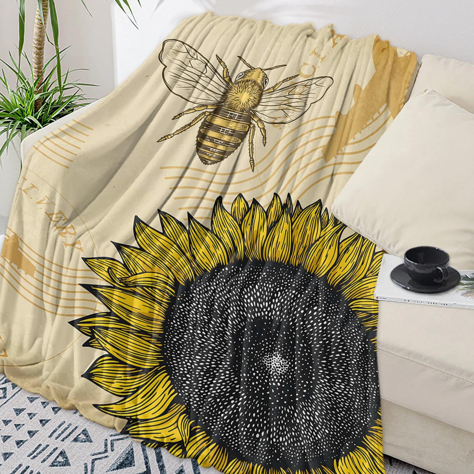 Idyllic Sunflower Bee Throw Blanket Warm Plush Blankets Portable Travel Camping Picnic Blanket 100cmx150cm