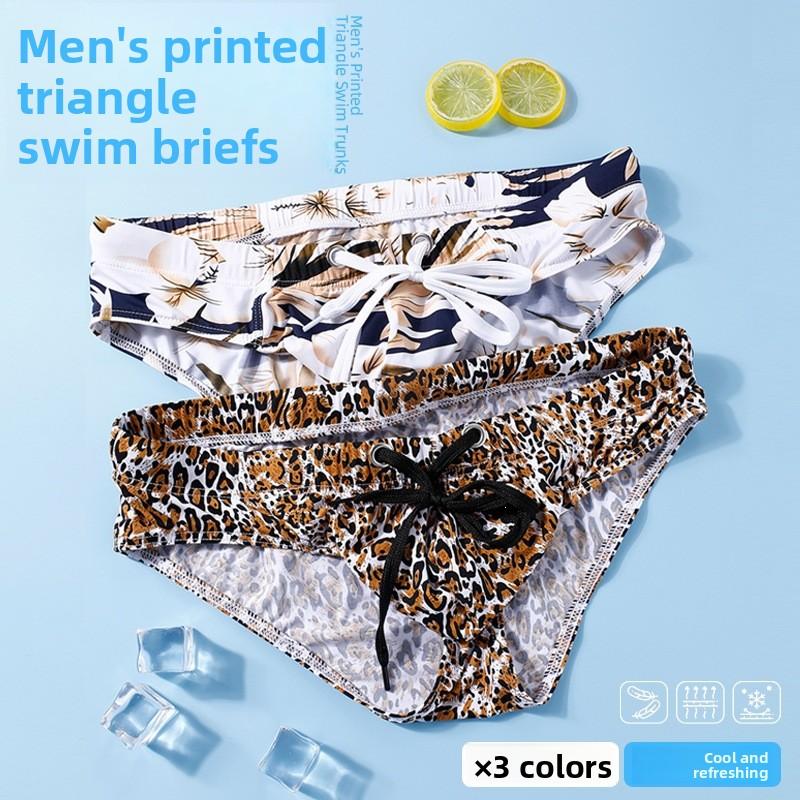 Men's Summer Leopard Print Tethered Swimming Ice Silk Quick-drying Low-rise Briefs