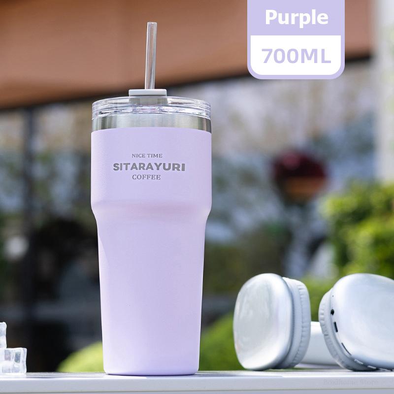 700ML Double Drink Insulation Cup Stainless Steel Straw Thermos Water Bottle Portable Large Outdoor Coffee Thermal Car Ice Mug