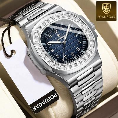 Luxuriöse quadratische Herren-Armbanduhr mit Diamant-Zifferblatt, leuchtend, wasserdicht, Datumsanzeige, Edelstahl, Herren-Quarzuhr, lässige Herrenuhr