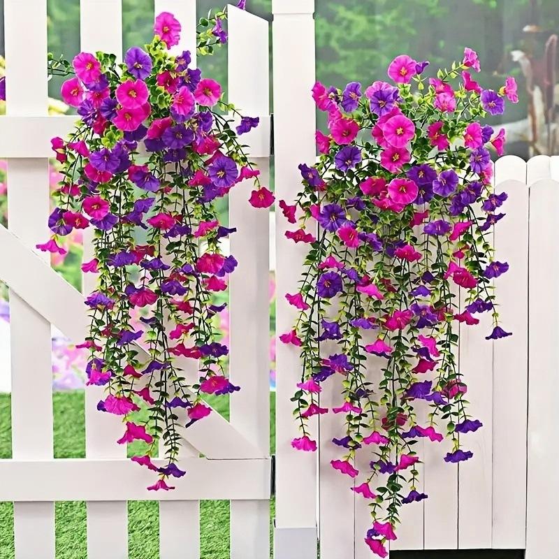 2Pcs Artificial Morning Glory Hanging Flowers Fake Flower Outdoor Home Garden Wall Hanging Petunias Plants Wedding Decoration