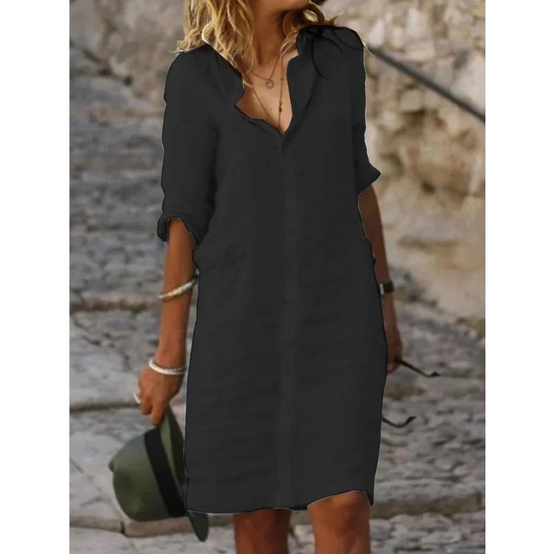 YYFS Women's Fashion Summer Spring Solid Color Print 1/2 Sleeves POLO Neck Loose Waistline Casual Dresses