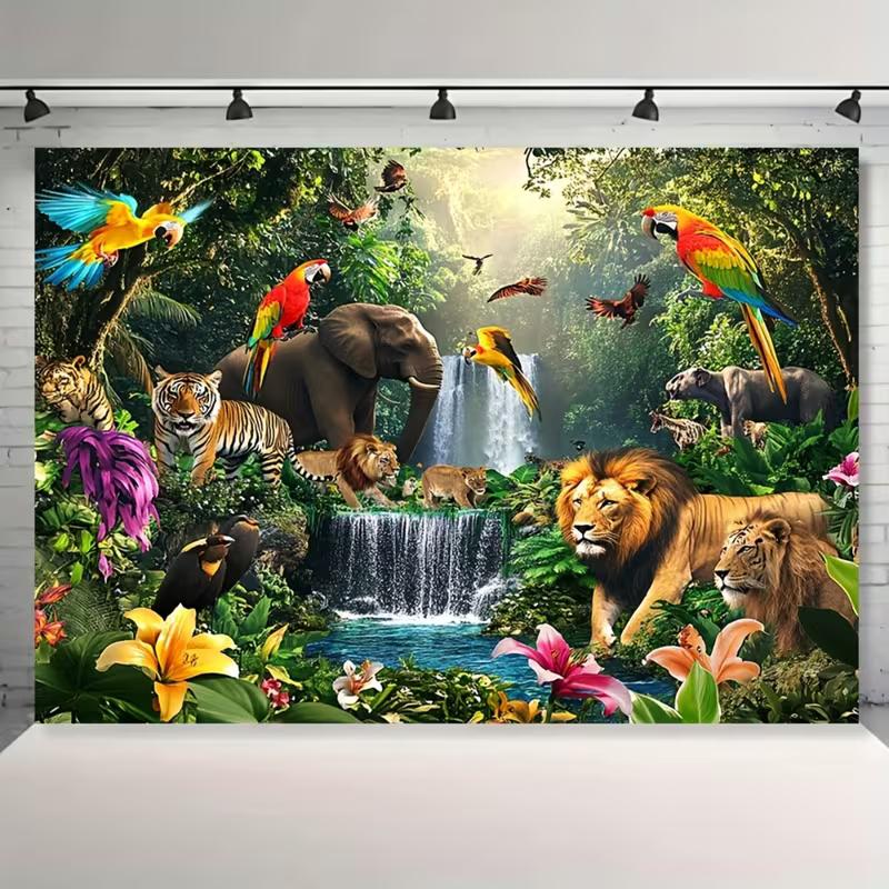 Arazzo 2D Fauna della Foresta Pluviale Tropicale Tessuto di Sfondo Animale Selvatico Leone Tigre per Festa