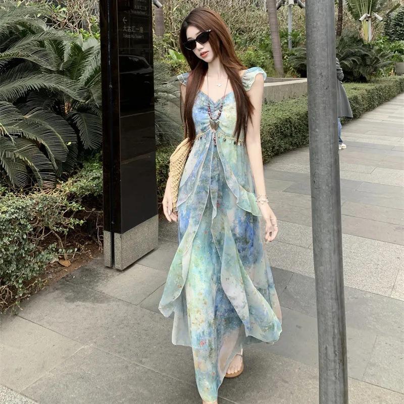 Seaside Vacation Xiaofei Sleeve Suspender Dress Female Summer New Oil Painting Smudge Waist Fairy Long Dress