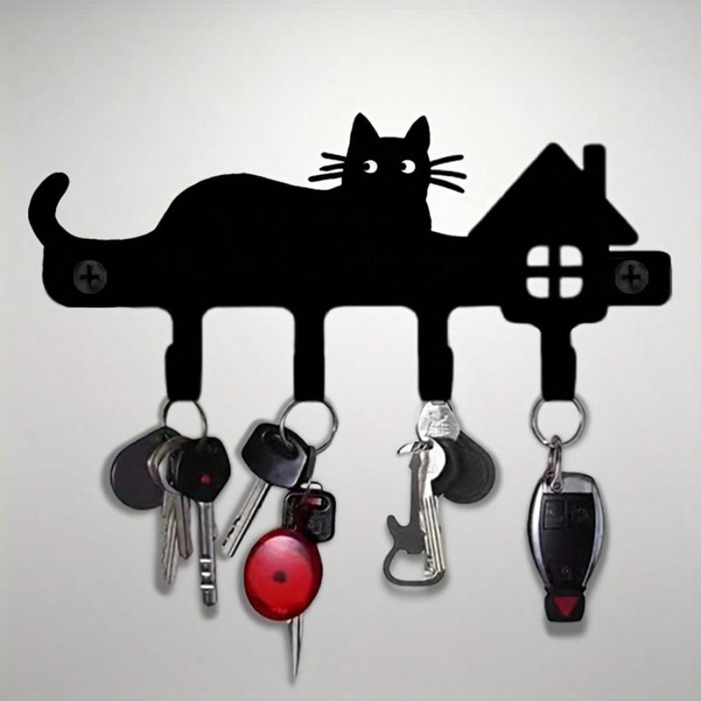 Metal Wall Key Holder with Cat Silhouette Heavy Duty Key Hooks for Entryway Kitchen Garage Storage