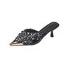 Pointed Toe Stiletto High Heel Baotou Half Drag Summer New Rhinestone Flower Fairy Wind Metal Head Cold Slippers Outside Wear