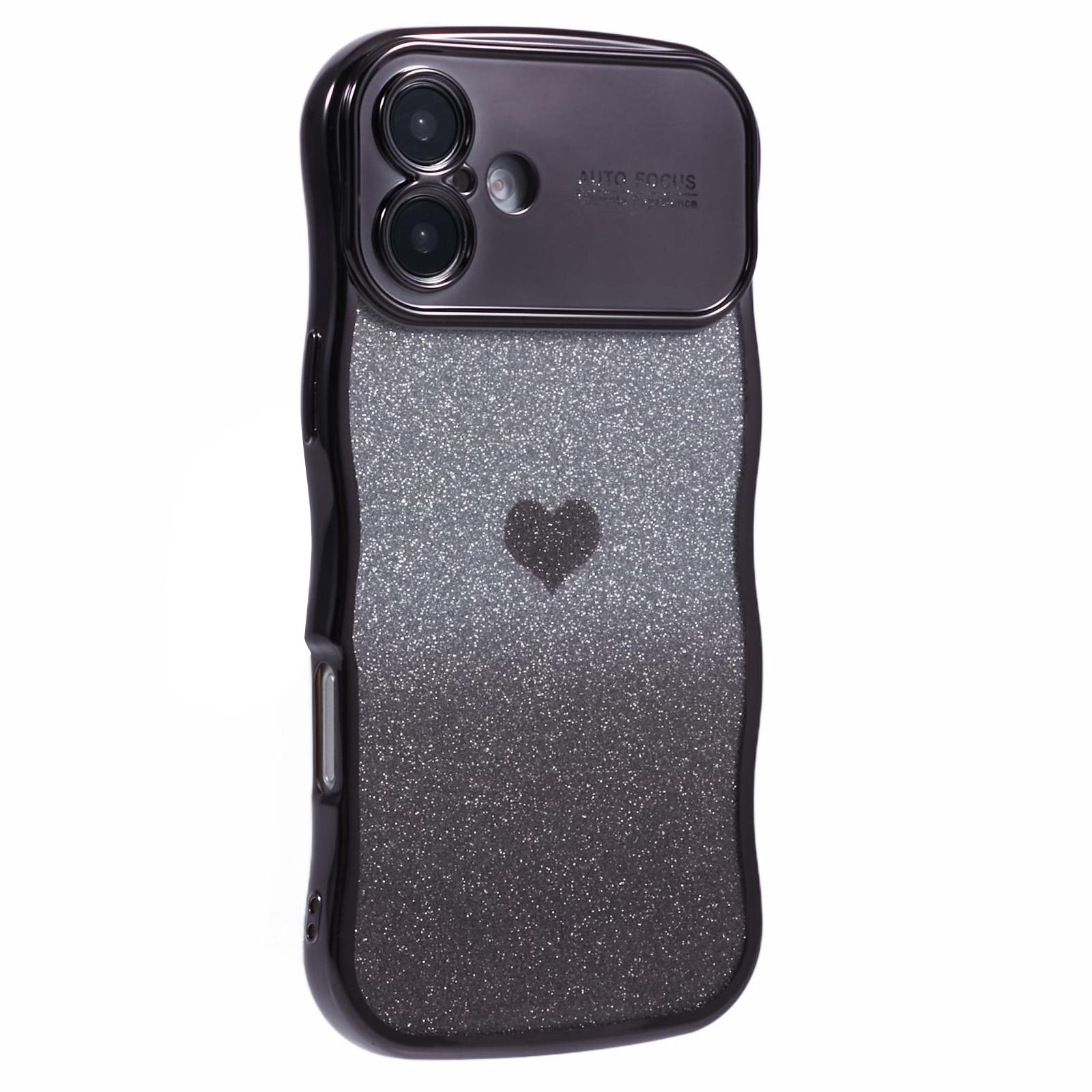 

For iPhone 16 Plus Case Love Heart Gradient Glitter TPU Phone Cover Electroplating Curly Frame Black
