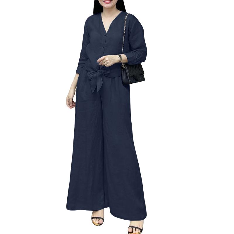 

ZANZEA Женская блузка с длинным рукавом и брюки повседневный комплект из двух частей 5XL тёмно-синий