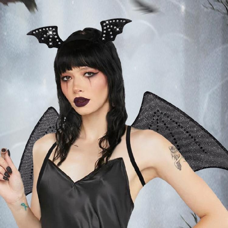 Bat Wing with Headwear Set Black Wing Bats Ears Headband Adults Halloween Wing Vampires Costume Wing