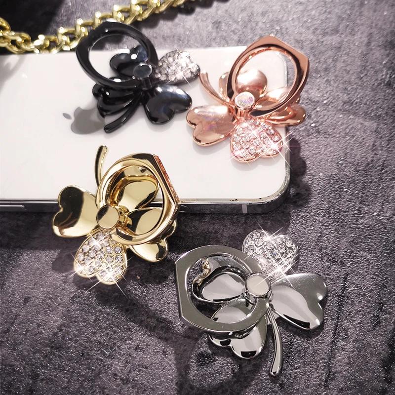 Vierblättriges Kleeblatt Telefon Fingerring Halter Für iPhone Redmi Samsung Kristall Metall Griff Drehung Handy Ständer Halterung