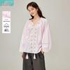 INMAN Romantic Hollow Embroidery Lace Pink Puff Sleeve Shirt