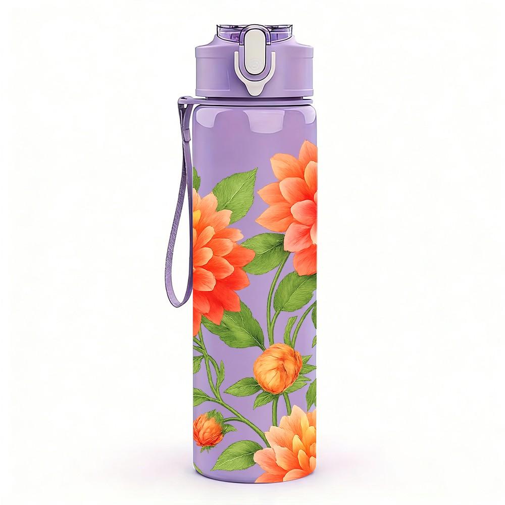 1PC Bright Orange Red Peony Flower Print 750ml Color Plastic Sports Water Bottle Leakproof Flip Straw Lid Suitable for Sports Office Home Use