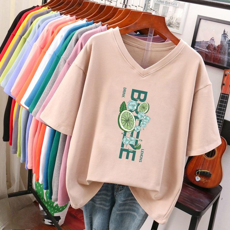 Kurzärmeliges T-Shirt, Locker sitzend, Schlankmachendes bedrucktes V-Ausschnitt-Top für Damen